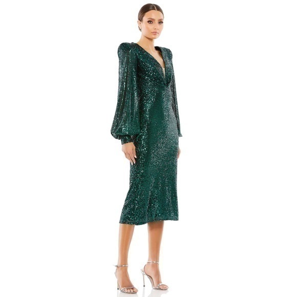 MAC DUGGAL Emerald Sequined Structured Bishop Sleeve Midi Dress - Picture 1 of 14